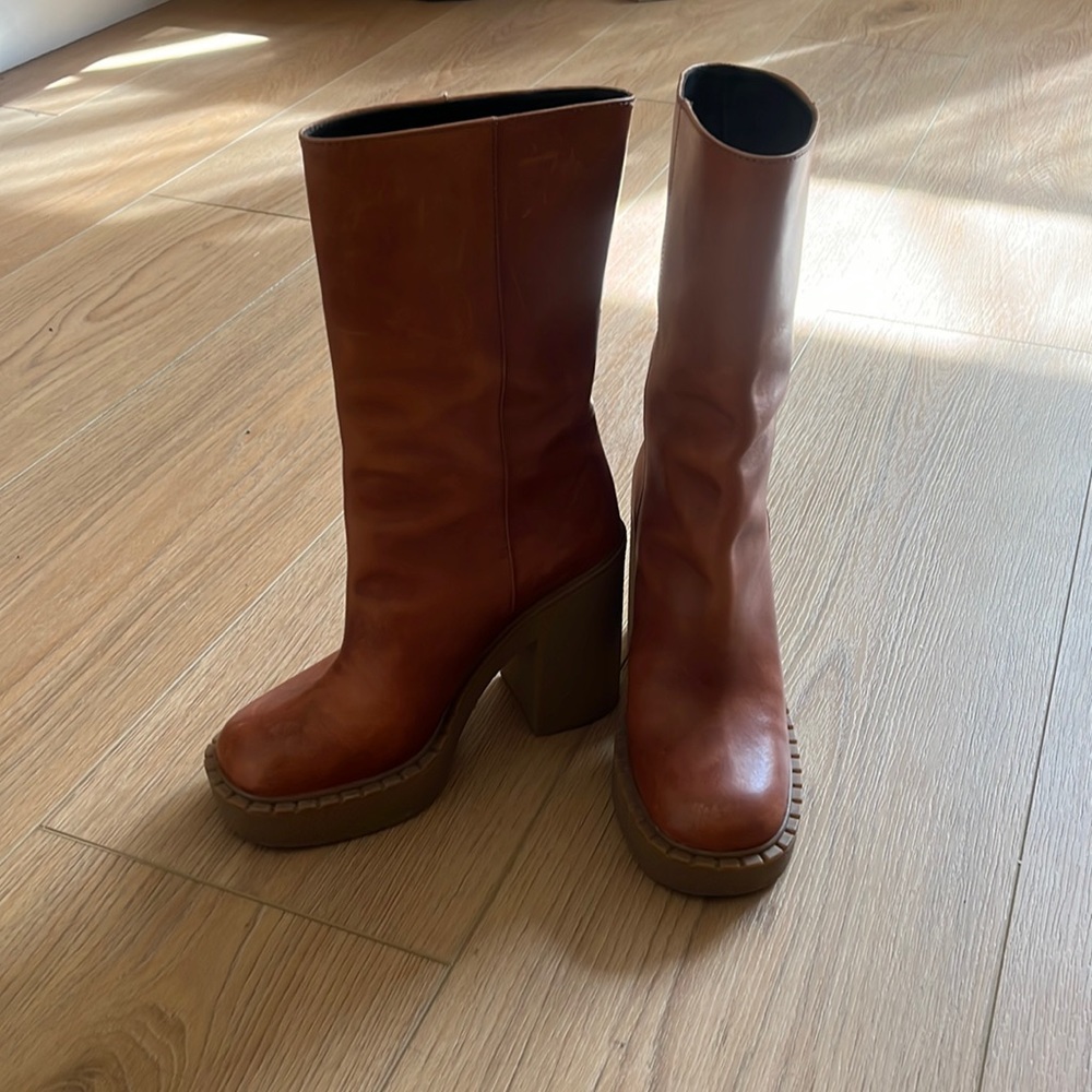 PRADA GUM SOLE COGNAC LEATHER PLATFORM BOOT 37.5